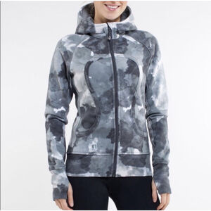 Lululemon Scuba Hoodie Full Zip Size 4 Gray White Tie Dye Logo Headband